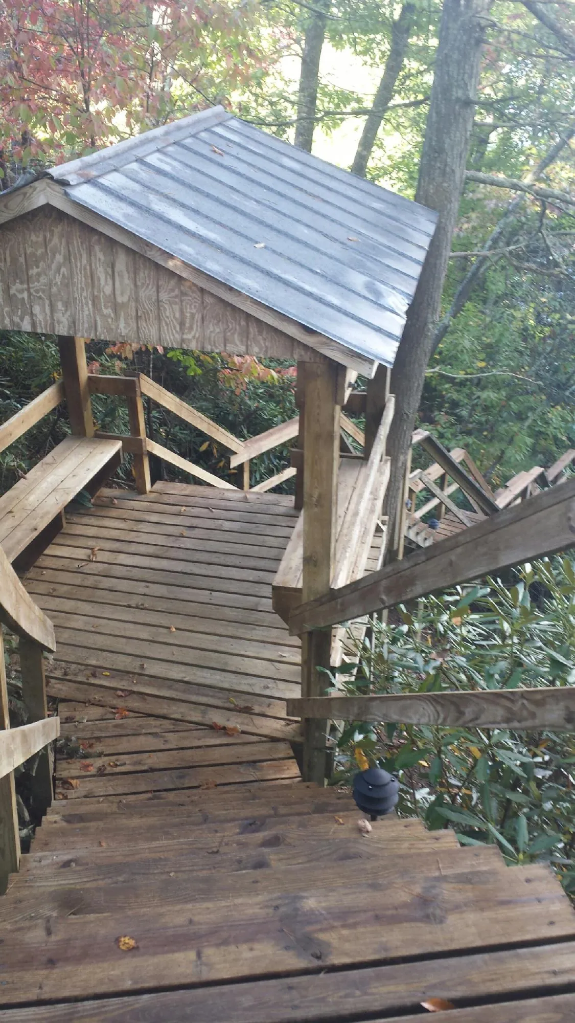 Metal roofed shelter over wooden steps on a wooded walkway — Skylight Repair & Installation work by our crew in Vintondale